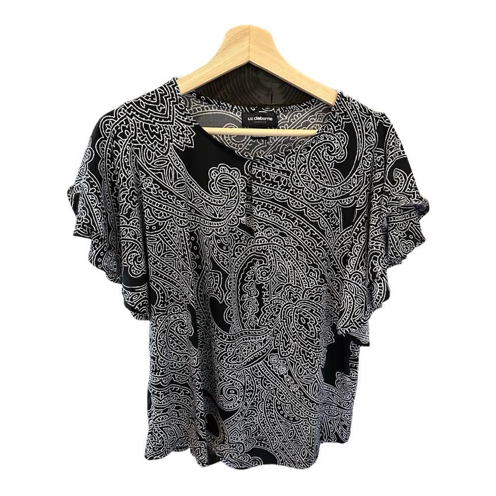 LIZ CLAIBORNE Top Sz L Flared Layered Sleeve Stretch Paisley Career Black White
